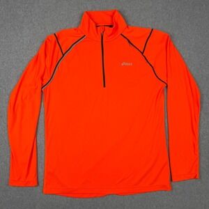 Asics Quarter Zip Pullover Running Top Mens M Orange Logo Thumb Hole Mock Neck